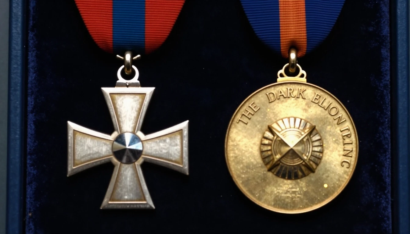 Close-up of Iron Cross and British OBE medal side by side on dark velvet, dramatic studio lighting — работа пользователя Необыкновенный Фенрир