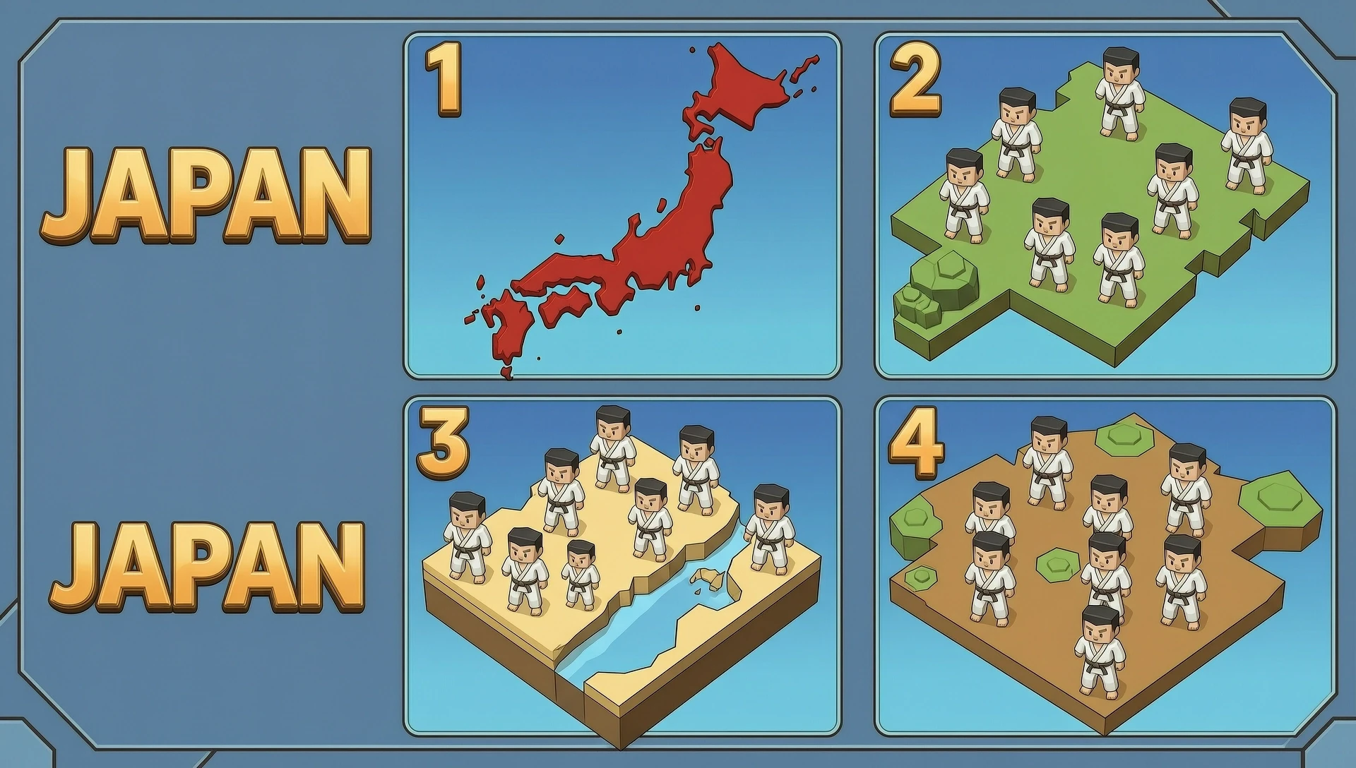 Create a fictional map of 4 countries for the Roblox game Path Karate. The name is on the left, the country is Japan, in 3D. — работа пользователя Пылающий Оптодиод