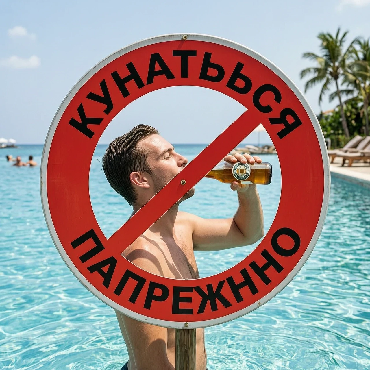 знак "купаться запрещено" внутри которого плавает человек пьющий пиво из бутылки — работа пользователя Изумительная Струна
