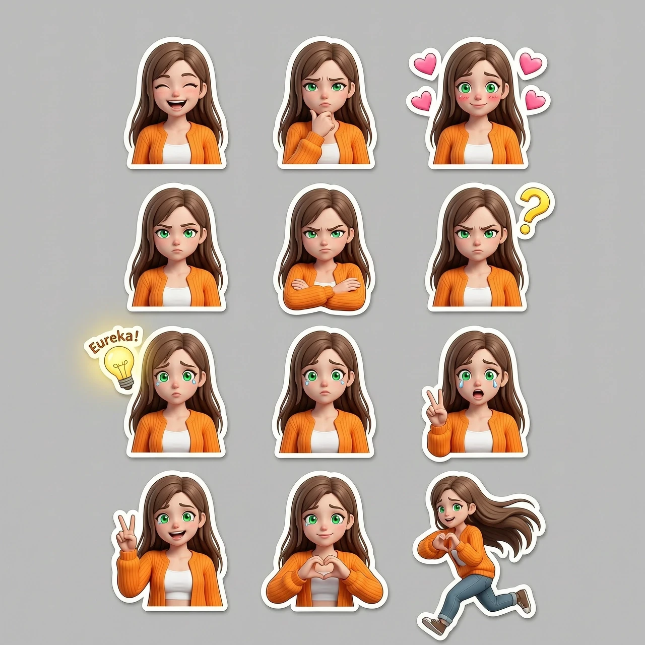 Sticker pack sheet of a cute young female character, 3D cyberpunk style, high-quality render, C4D, Octane Render. The character has fair skin, long brown hair, and large,…
