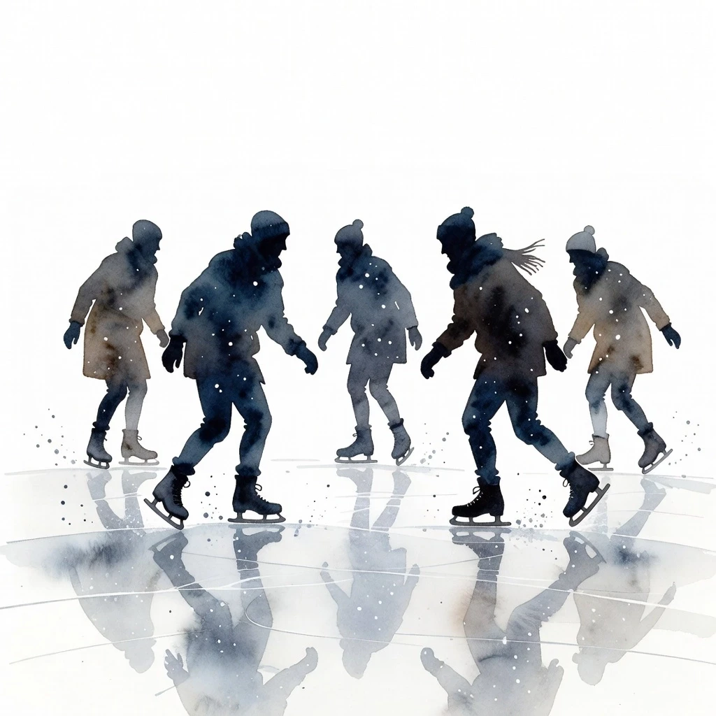 Create a watercolor sketch: watercolor in the style of Thomas Schaller, people ice skating, silhouette. On a white background — работа пользователя Сверкающая Сирена