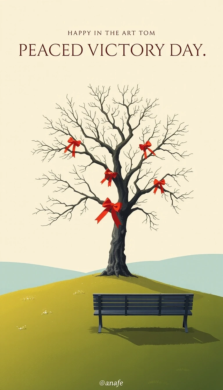 A minimalist flat design illustration for a greeting card. The concept is "Peaceful Victory Day". A symbolic tree with St. George's ribbon bows grows on a hill…