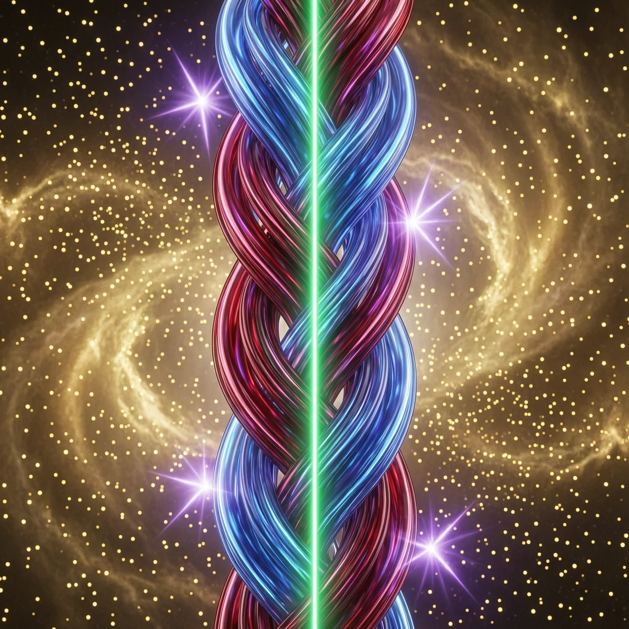 A stunning 3D render of a thick, wide braid in ancient Slavic style, positioned vertically in a cosmic space. The braid is sculpted from smooth, flowing, fluid lines of energy…