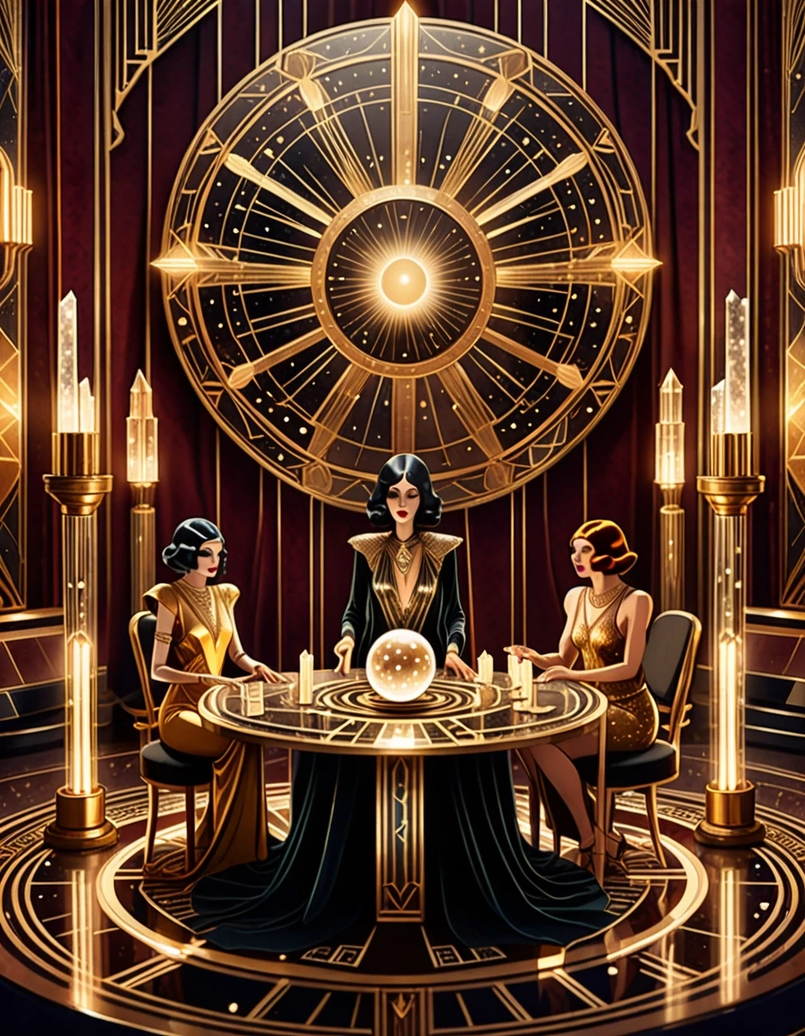A mysterious oracle sits at a round table inside a luxurious Art Deco chamber. Before them is a huge transparent crystal ball containing a miniature galaxy filled with golden…