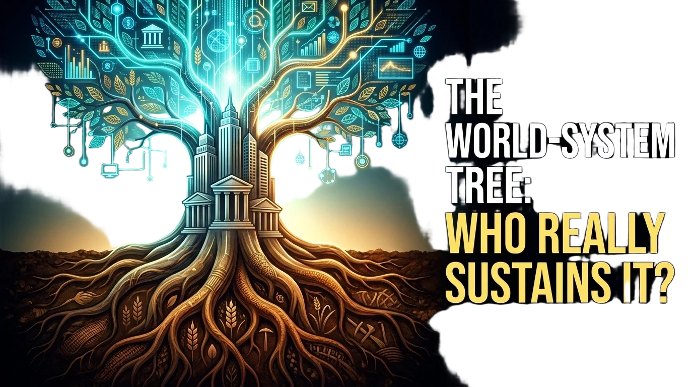 A 16:9 YouTube thumbnail illustration of the "world-system as a tree" metaphor. The upper canopy forms a luminous, network-like crown of glowing data streams,…