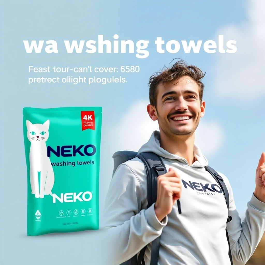 Создай яркую, привлекательную обложку для рекламного поста о продукте NEKO washing towels. На изображении — упаковка продукта (бирюзовый фон, белый кот, надпись NEKO) крупным…