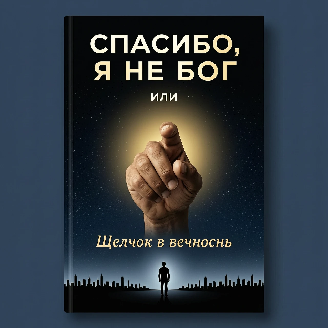 создай обложку книги на русском языке Фон: Тёмно-синий, почти чёрный, с лёгкой текстурой, напоминающей песок или пыль. Центр: Крупным планом, вид от первого лица - ладонь…