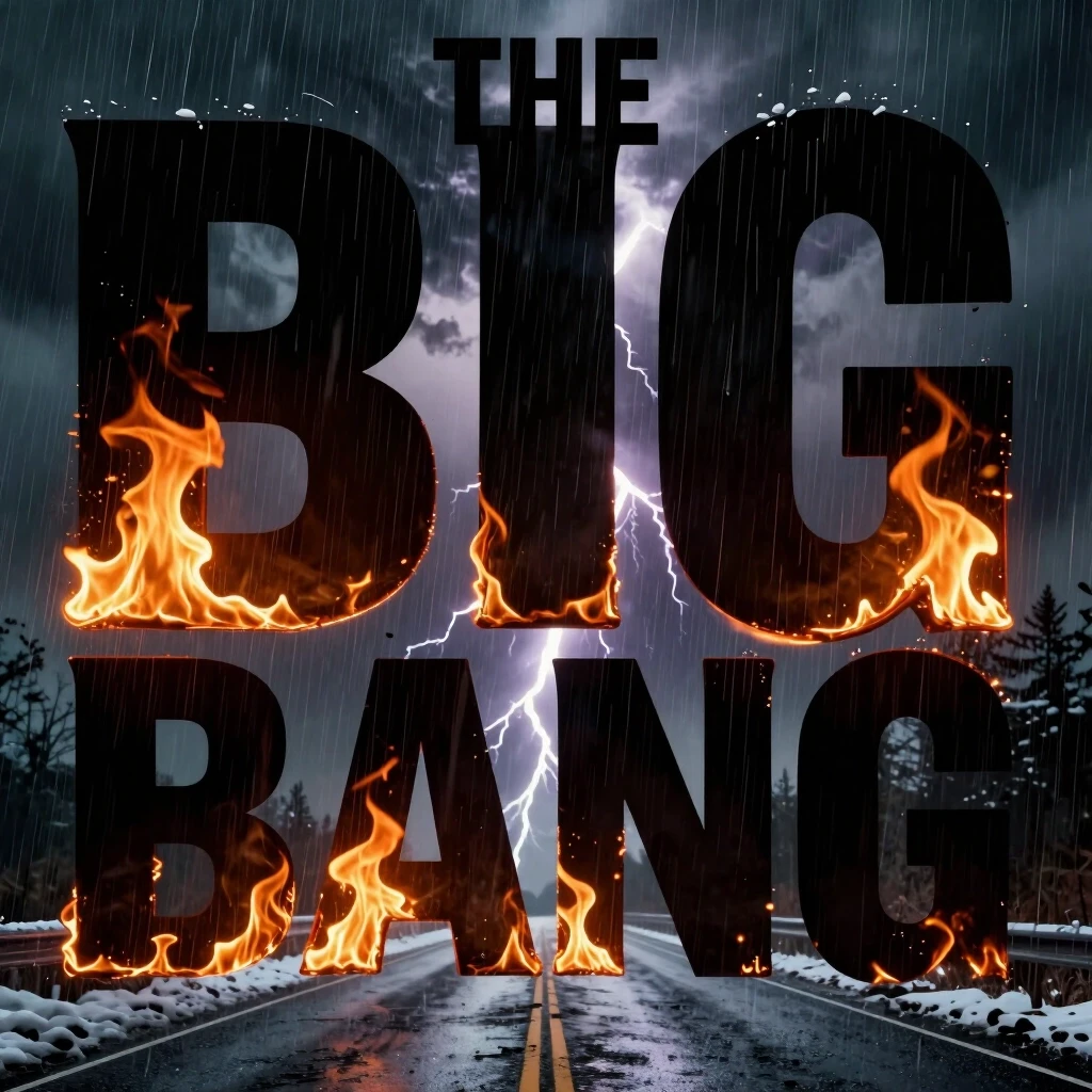 THE BIG BANG THEORY - text (НЕ ПРОПУСКАЙ ТЕКСТ) Стиль - фотореализм Шрифт : шрифтовая маска Внутри букв текста : огонь, ночь,тусовка,дорога,гроза,дождь,снег Преобладание цветов…