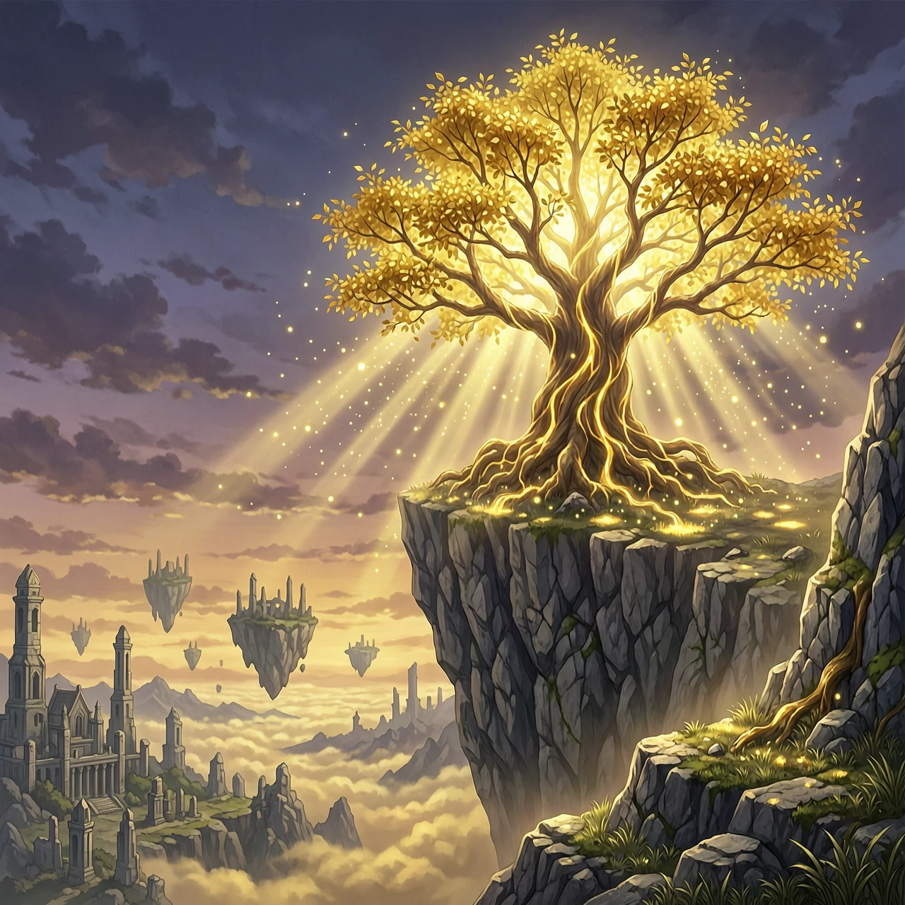 The Erdtree from Elden Ring, a colossal, glowing celestial tree radiating intense golden light and shimmering ethereal particles, perched majestically atop a jagged, precipitous…