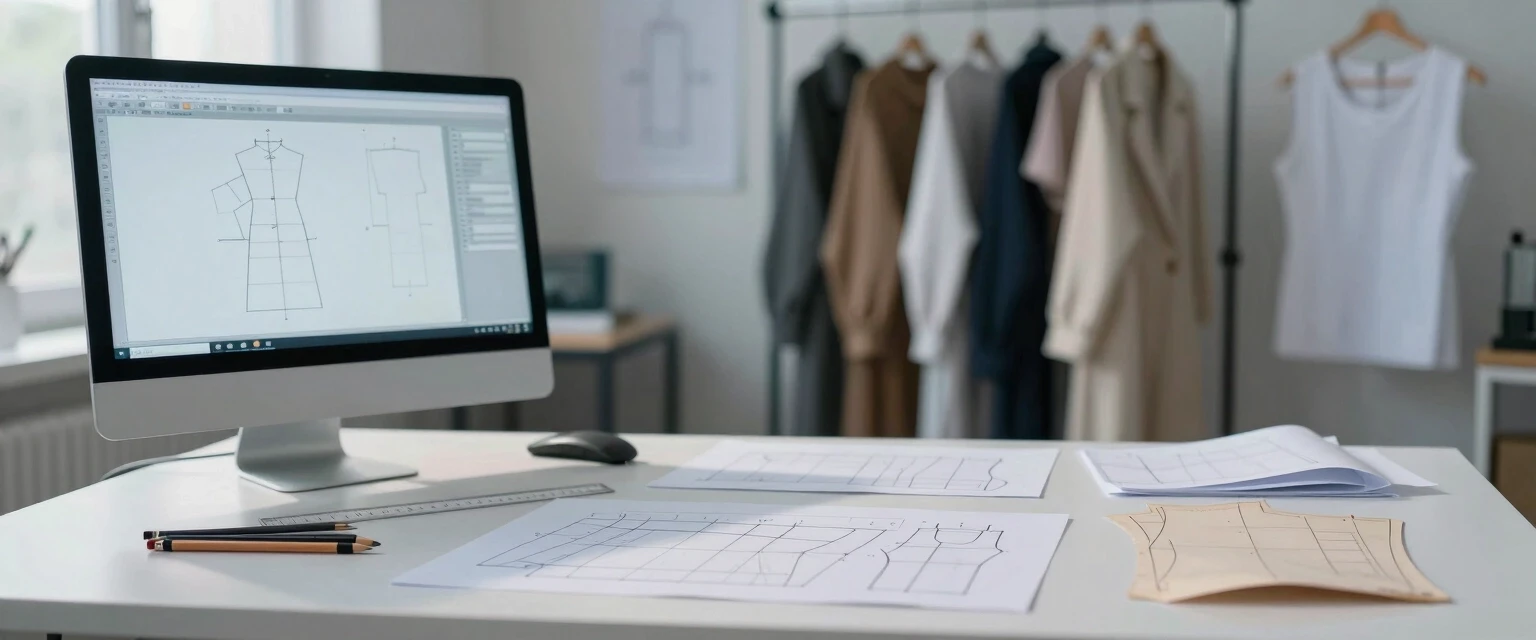 Interior view of a clothing pattern design bureau, front-facing shot. Foreground: a wide white desk with neatly arranged paper patterns, drafting templates, technical flat…