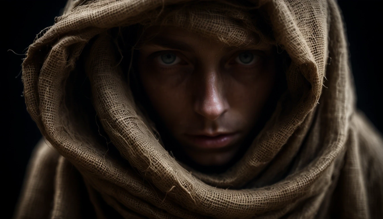 An abstract portrait of an invisible form defined only by a heavy, suffocating shroud of coarse, oil-stained burlap that is twisting and constricting inward, as if trying to…