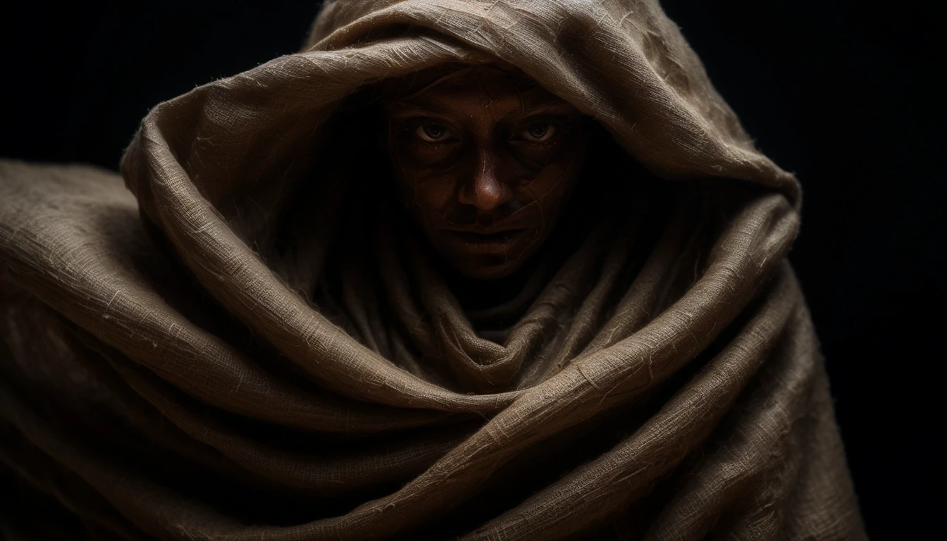 An abstract portrait of an invisible form defined only by a heavy, suffocating shroud of coarse, oil-stained burlap that is twisting and constricting inward, as if trying to…