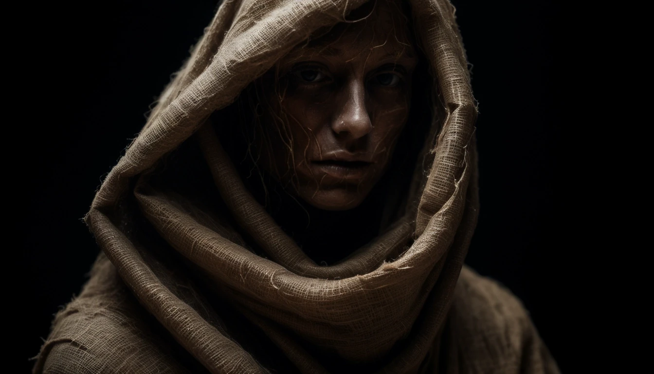 An abstract portrait of an invisible form defined only by a heavy, suffocating shroud of coarse, oil-stained burlap that is twisting and constricting inward, as if trying to…