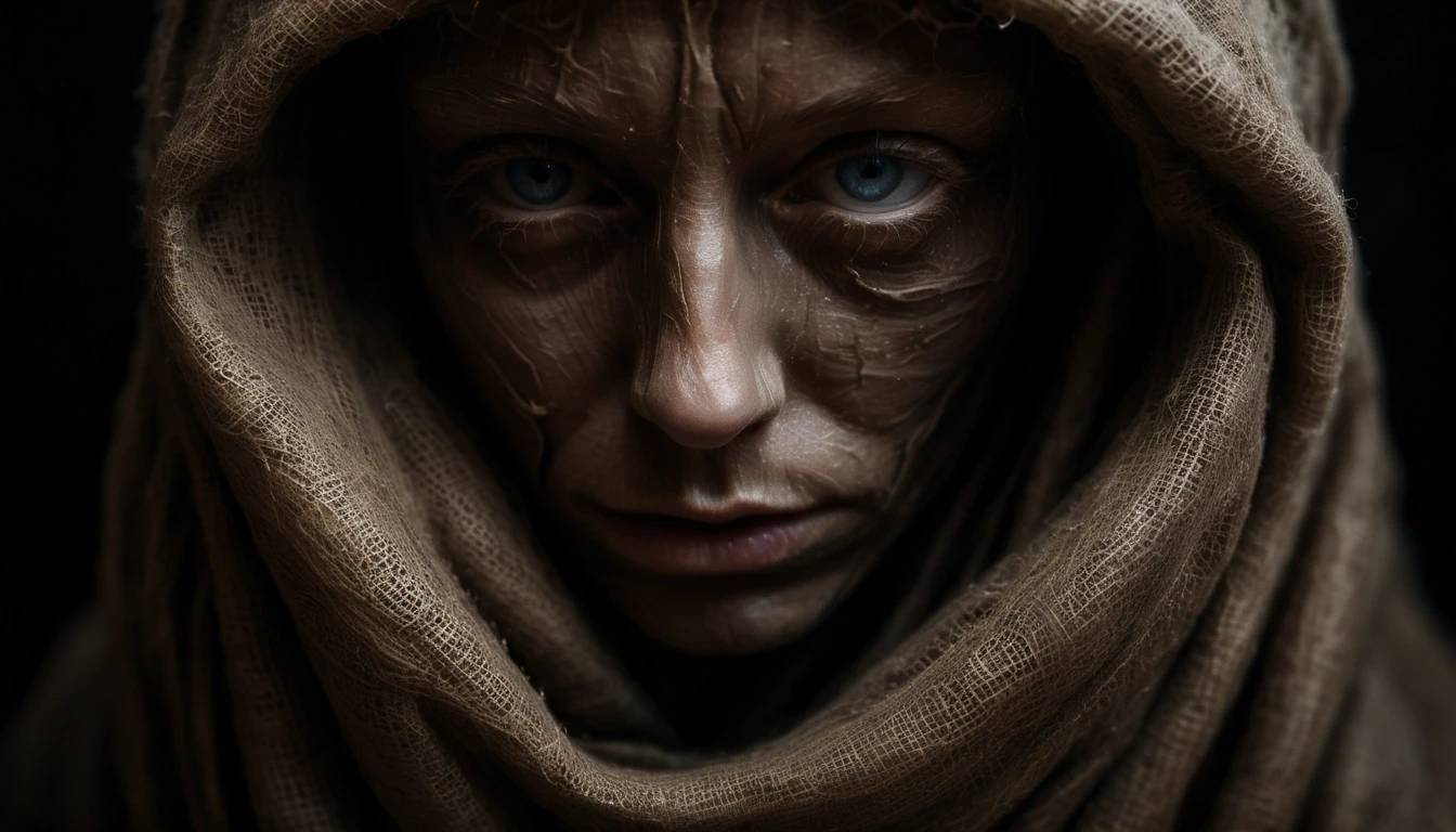 An abstract portrait of an invisible form defined only by a heavy, suffocating shroud of coarse, oil-stained burlap that is twisting and constricting inward, as if trying to…