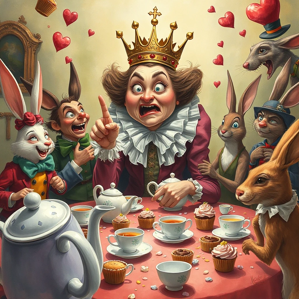 (masterpiece:1.8, acrylic painting:1.5, best quality:1.6, ultra-detailed:1.6). A bizarre and funny image (of the Queen of Hearts), who, sitting at a crazy tea table, angrily…