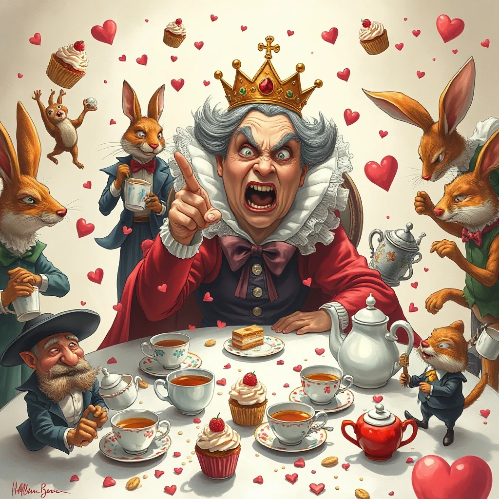 (masterpiece:1.8, acrylic painting:1.5, best quality:1.6, ultra-detailed:1.6). A bizarre and funny image (of the Queen of Hearts), who, sitting at a crazy tea table, angrily…