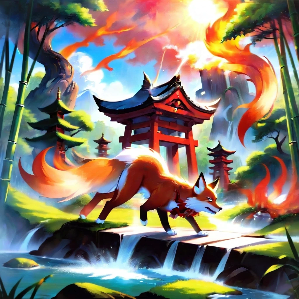 A fiery fox, a Japanese shrine dedicated to kitsune, bamboo groves and small lakes along the sides, sunny weather. — работа пользователя Безудержный Свет