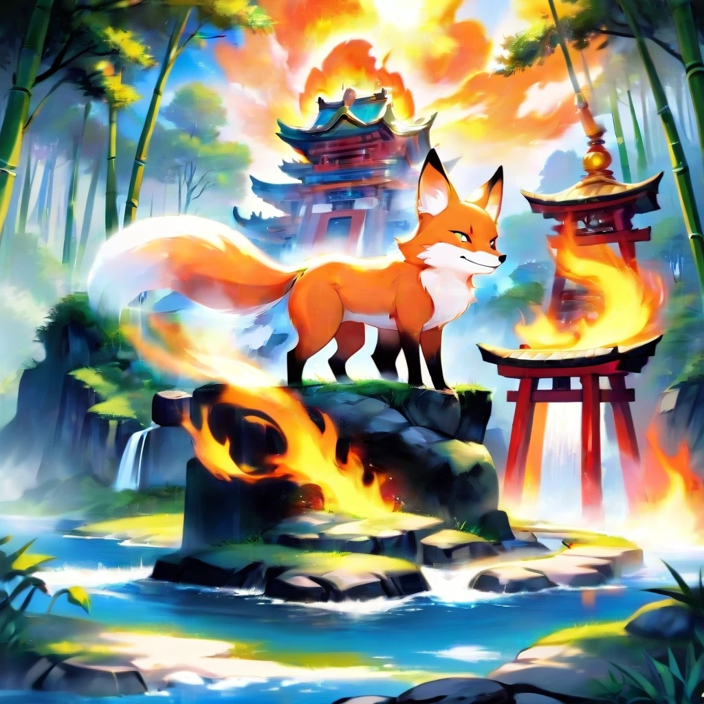 A fiery fox, a Japanese shrine dedicated to kitsune, bamboo groves and small lakes along the sides, sunny weather. — работа пользователя Безудержный Свет