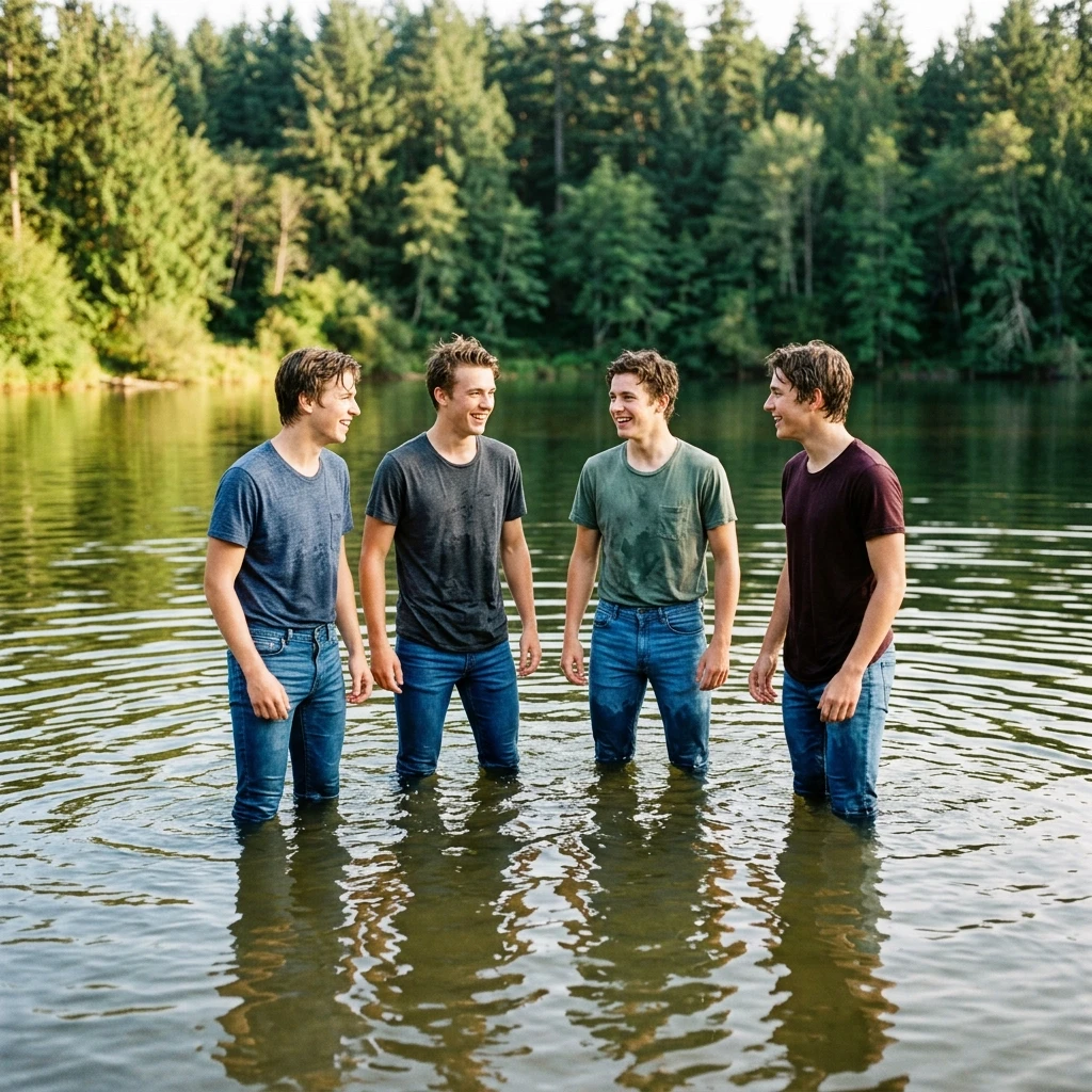 18-year-old guys in blue denim high-waisted leggings are standing deep in the water — работа пользователя Грозовой Химик