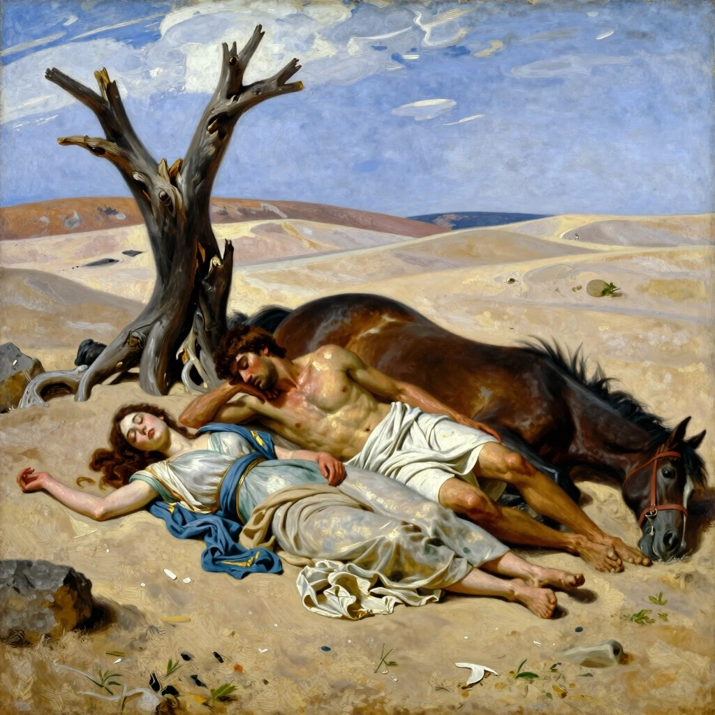 Oil painting, ancient times of Greece, a young man of 20 years old and a girl of 18 years old, lying unconscious on the sand, next to a dried tree and a fallen horse, around the…