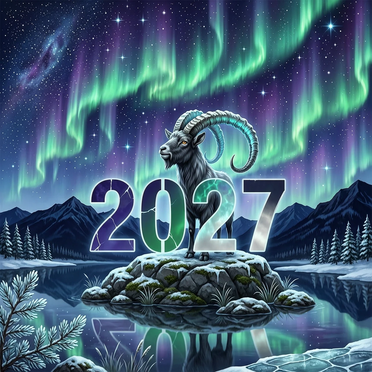 Horizontal illustration, aspect ratio 4:3. Mystical goat with long horns standing on a rock against the backdrop of the northern lights. Night sky, stars, mountains, reflection…