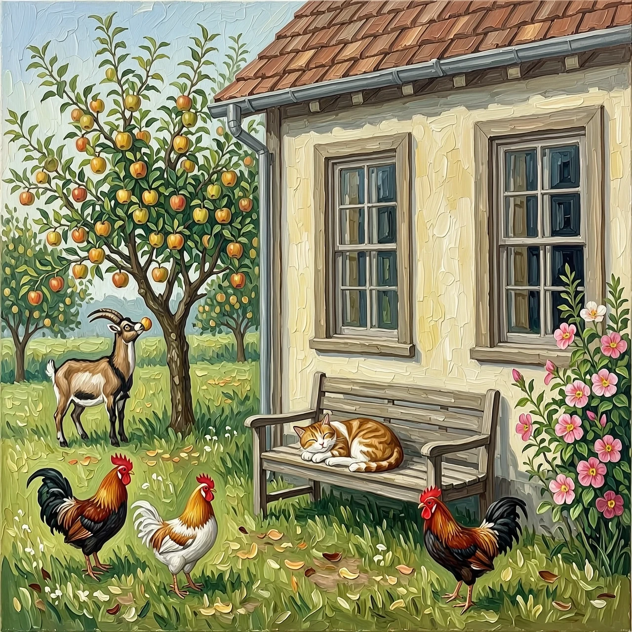 Рисунок маслом. Дом с двумя окнами. На заднем плане яблоня, коза пытается достать верхнее яблоко. Перед окнами скамейка, на ней спит кот. На углу дома цветет мальва. Гуляют…