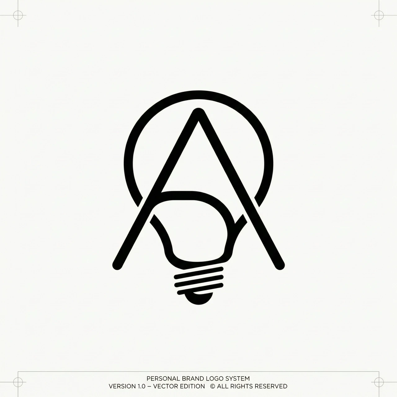 Minimalist personal brand logo: a single continuous black line forms a stylized letter A that smoothly transitions into a lightbulb silhouette. No fills, no gradients, no…