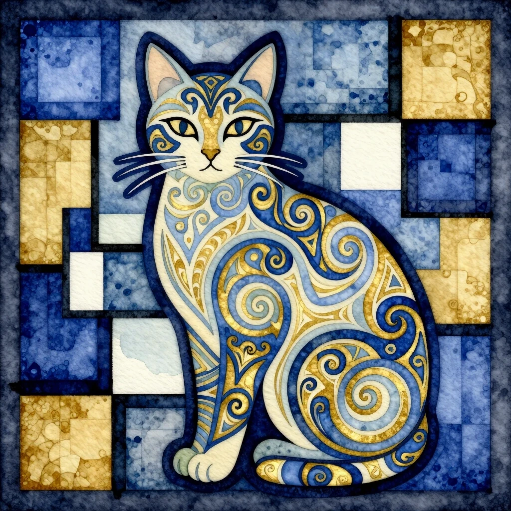 Watercolor in the Art Nouveau and Art Deco style. Vector art. On a dark geometric background with many squares and rectangles in the style of Mondrian. Many ornaments. Elements…