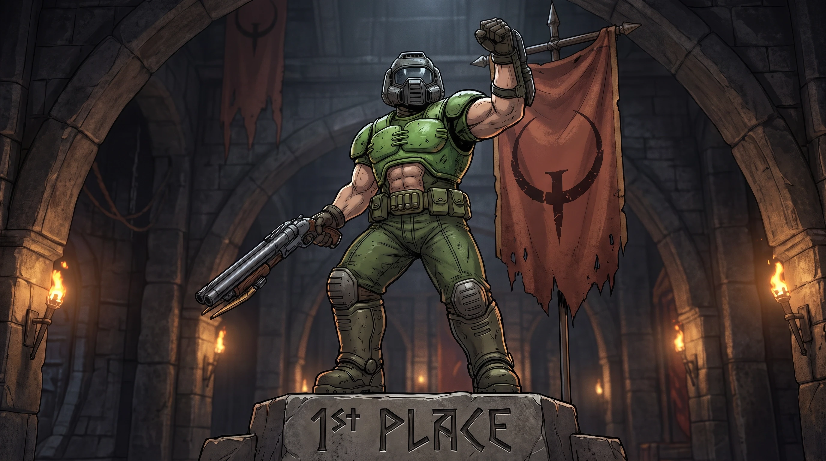 Quake (Франшиза), Думгай, победная стойка, держит дробовик, стоит на пьедестале с первым местом, на фоне арены со знаменем Quake, стиль аниме с реалистичными деталями, шедевр,…