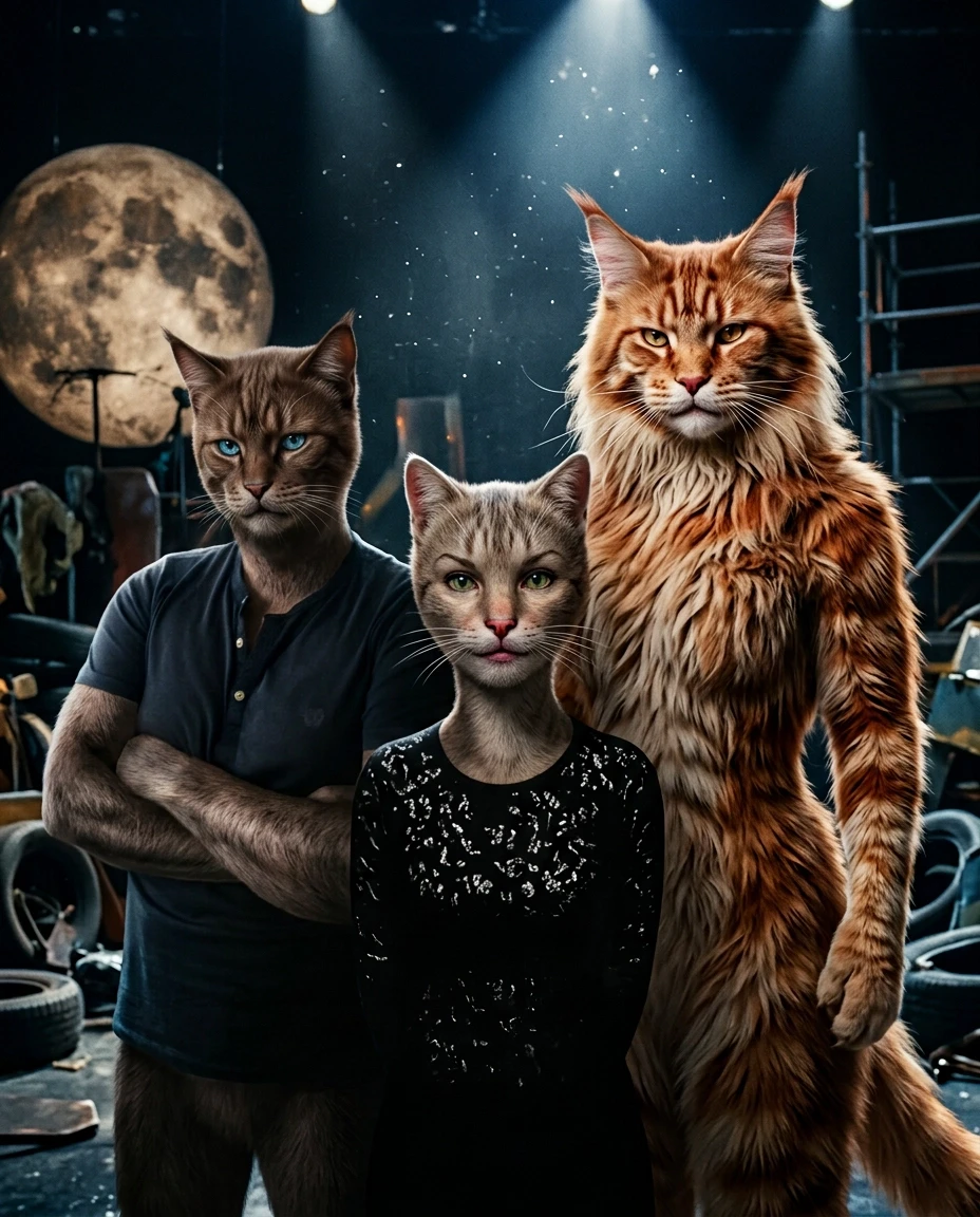 Cinematic film still, highly detailed hyper-realistic shot. A man and a woman, transformed into anthropomorphic cats inspired by the musical "Cats," standing in a…