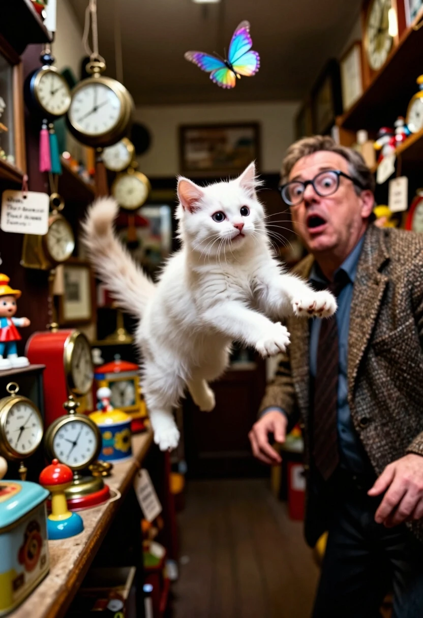 A dynamic, high-speed action shot using a "Dutch angle" (tilted frame) to create a sense of vertigo and energy. The scene is a narrow aisle of a vintage toy and clock…