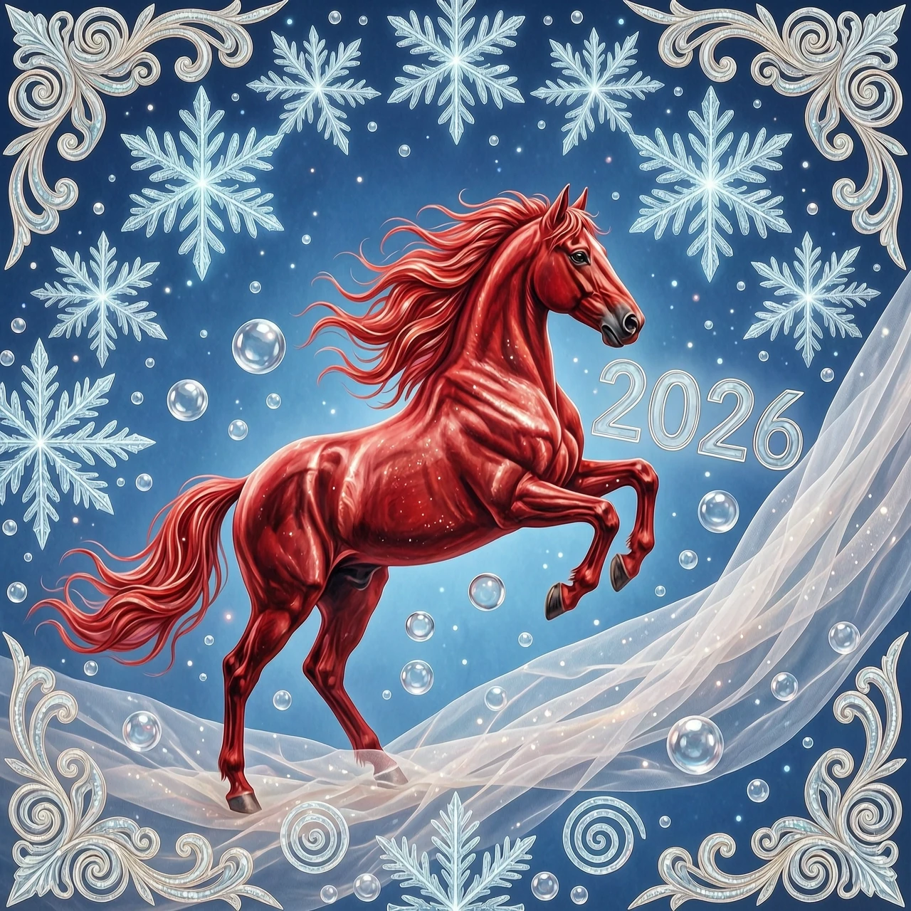 In the double exposure style. An ephemeral mythical creature in the form of a beautiful scarlet fiery horse with a long wavy mane collects the word "2026" from glass…