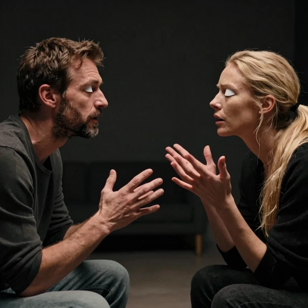 Cinematic close-up portrait, two Caucasian European adults sitting opposite each other in a minimalist dark room, one is a man with short brown hair and a short beard, the other…