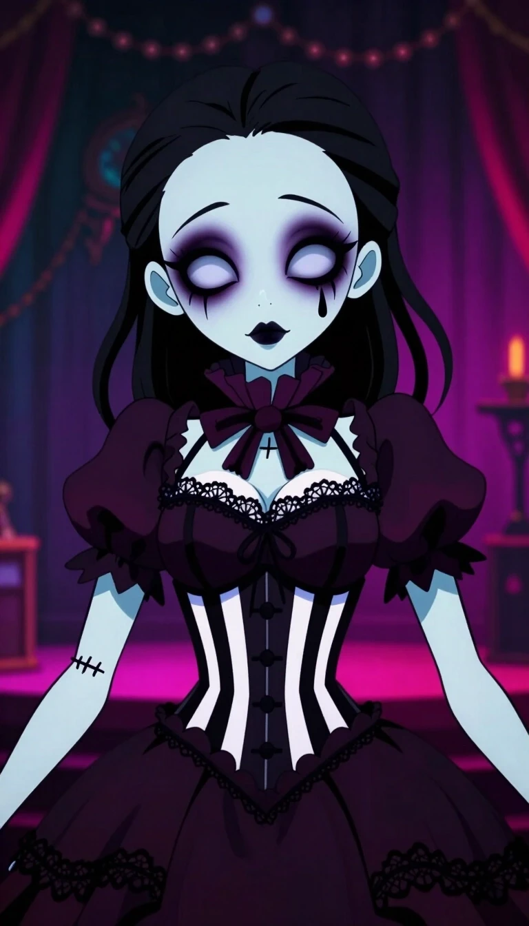 2D anime visual novel character art style, a creepy-cute goth puppet girl from "The Freak Circus", very pale porcelain skin, large expressive hollow eyes with dark…