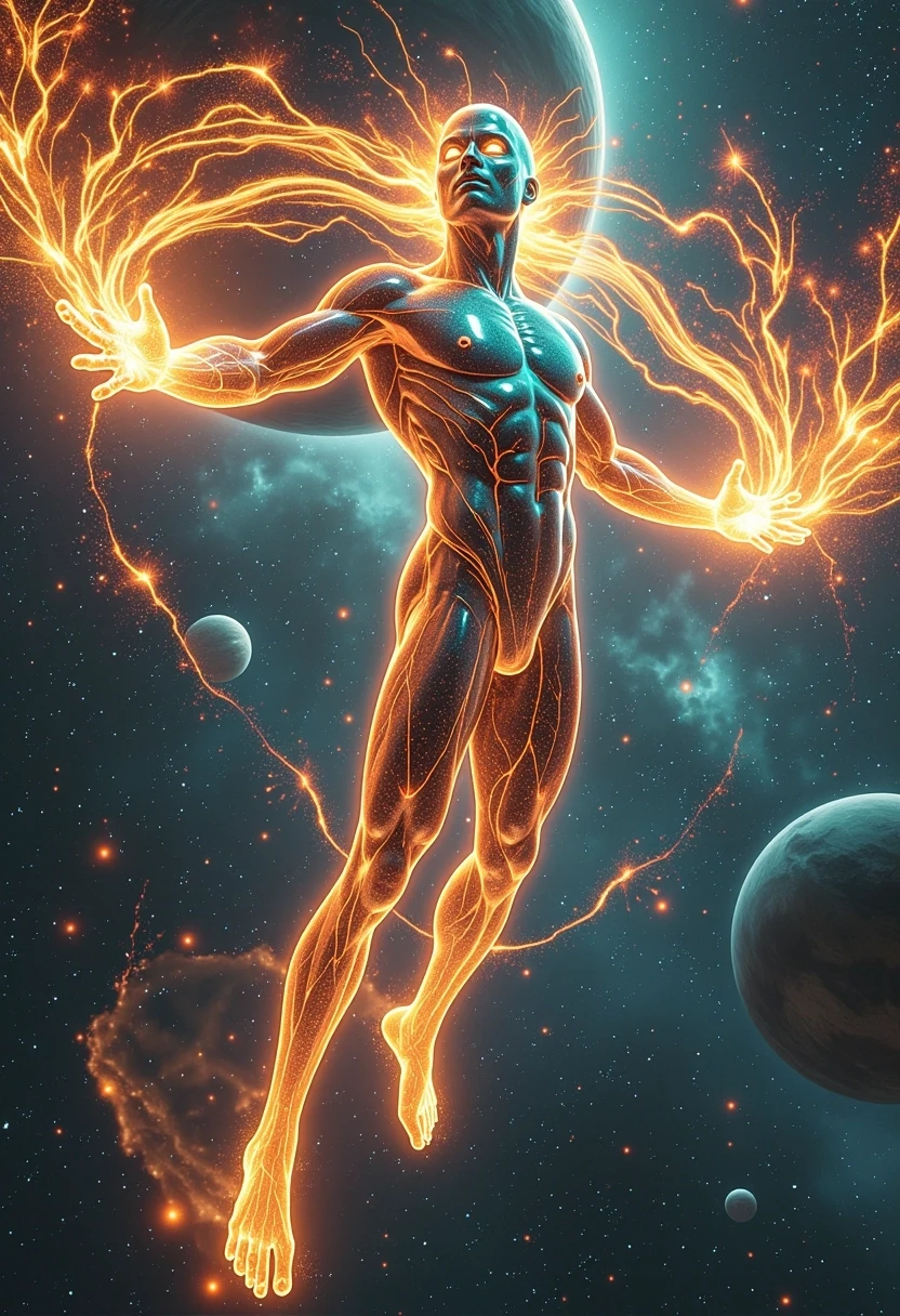 Full-body vertical trading card art (3:4 aspect ratio) of a magnificent, ethereal male cosmic deity made of pure Ethereum energy. He has a clearly visible, handsome and…