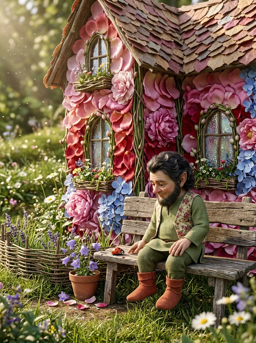 In the warm sunlight, a small gnome with dark, wavy hair and a neat beard is sitting on a miniature wooden bench, dressed in a linen tunic the color of moss, a waistcoat with a…