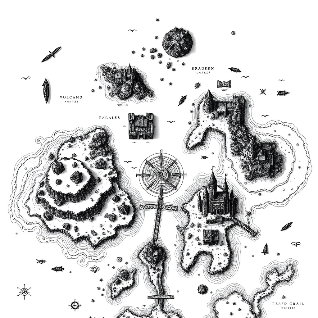 2D top-down authentic gritty dark fantasy large-scale strategic nautical map, high-detail medieval woodcut style, inspired by Tainted Grail: Fall of Avalon. Pure white…