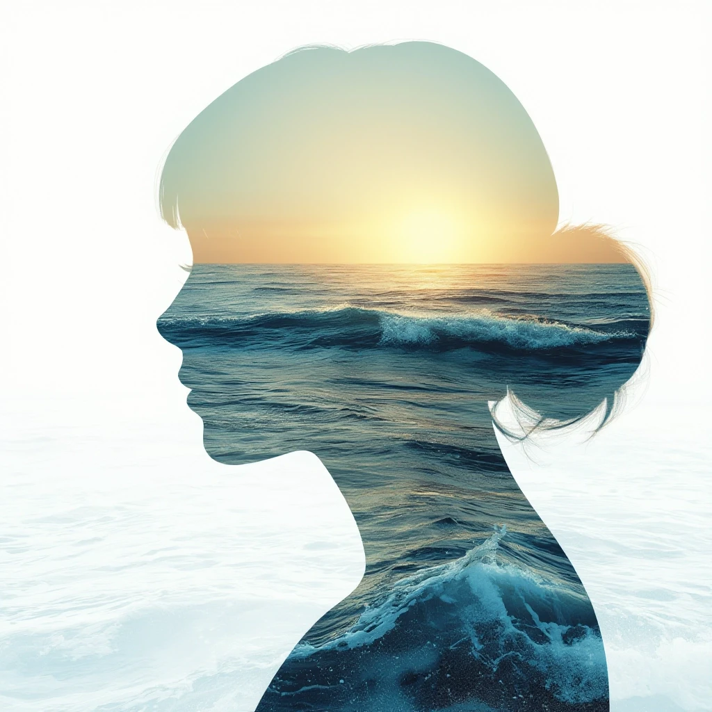(Double exposure: 1,9). Abstract background (soft colors, marine theme). Seascape (waves, clear water, splashes) inside transparent silhouette of girl's profile. Dissolving…