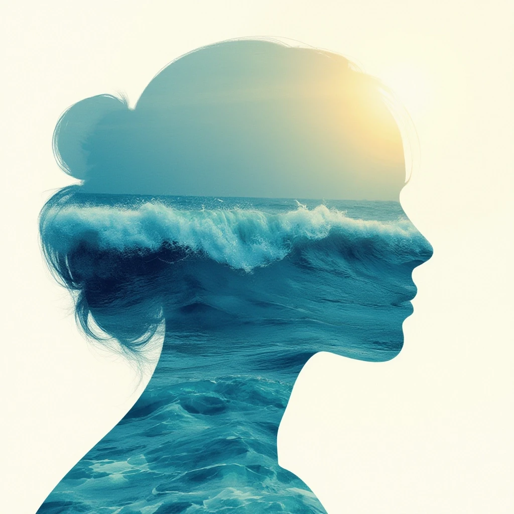 (Double exposure: 1,9). Abstract background (soft colors, marine theme). Seascape (waves, clear water, splashes) inside transparent silhouette of girl's profile. Dissolving…