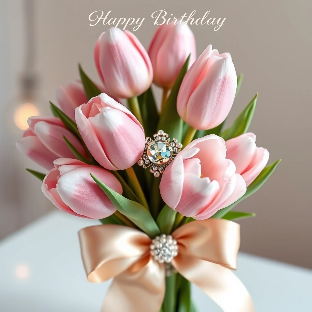 Luxury birthday greeting card, elegant bouquet of soft pink tulips, porcelain-like petals, decorated with dew drops and pearl beads, champagne satin ribbon with crystal…