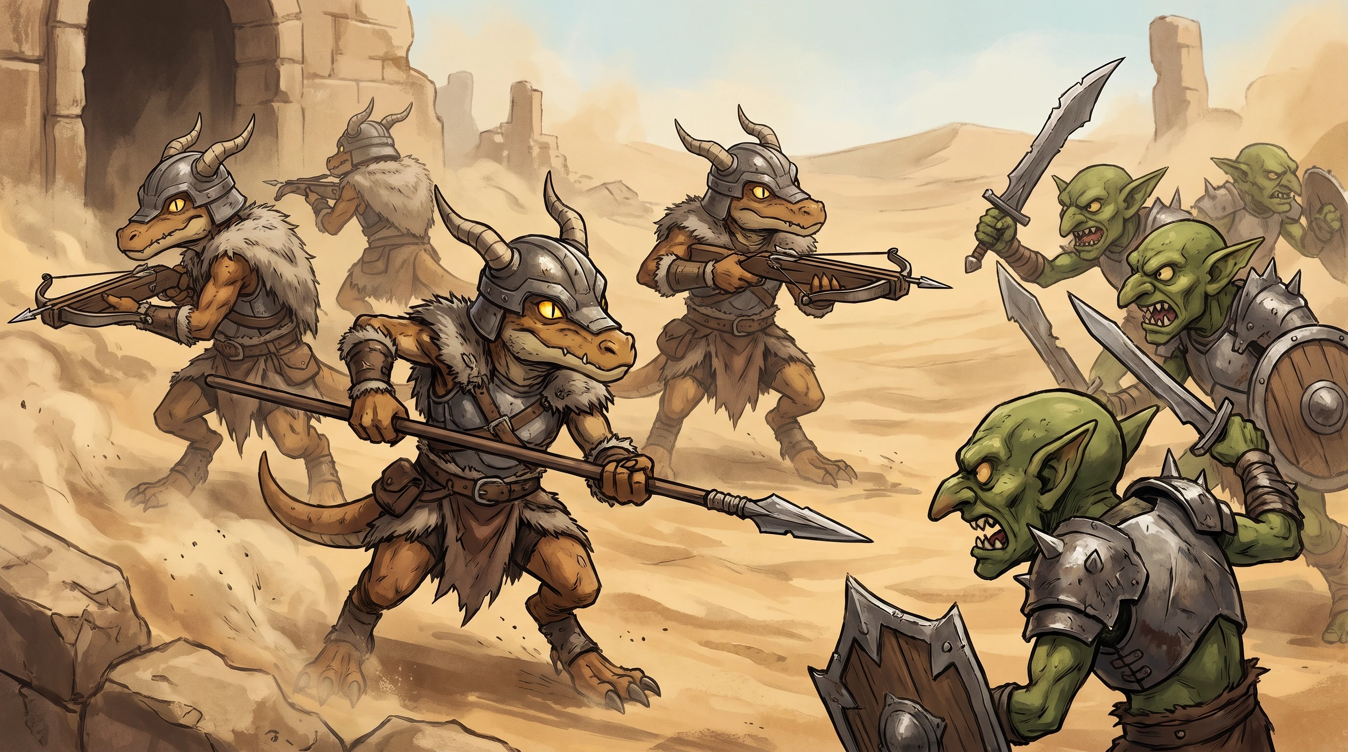 Dungeons &amp; Dragons (Франшиза), Warhammer Fantasy (Франшиза), отряд Кобольдов (гуманоидные маленькие ящеры-дракончики, без крыльев, меховое снаряжение, два рога, желтые…
