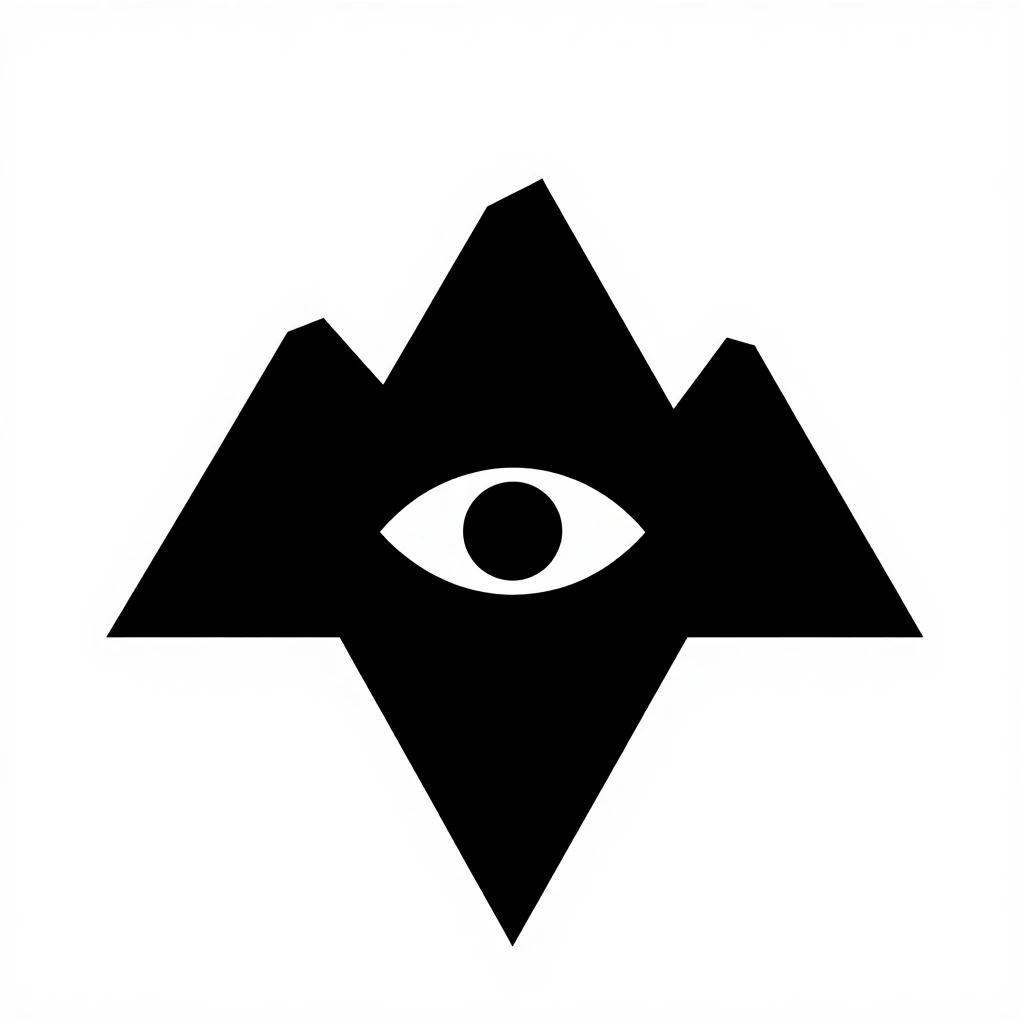 Silhouette with a crest or logo. A mountain with three peaks is central above the others. In the center of the mountain, one large eye is depicted. The shape of the coat of arms…