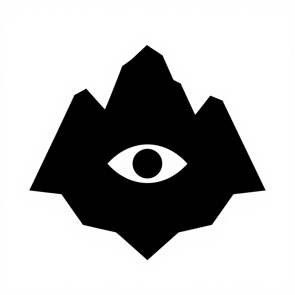 Silhouette with a crest or logo. A mountain with three peaks is central above the others. In the center of the mountain, one large eye is depicted. The shape of the coat of arms…