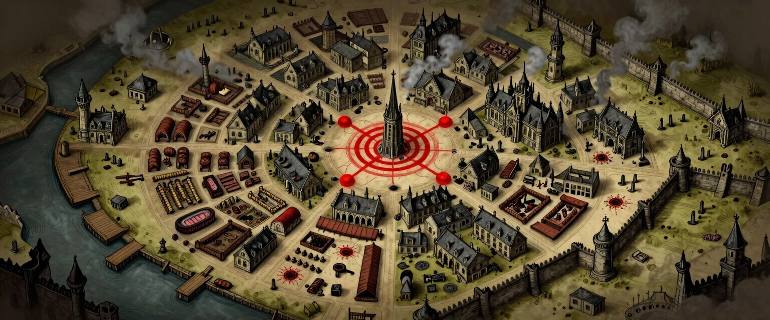 dark fantasy city map, bird's eye view, tabletop RPG style, hand-drawn ink on parchment, ancient gothic city, districts: Upper City with manor and town hall, Lower Quarters…