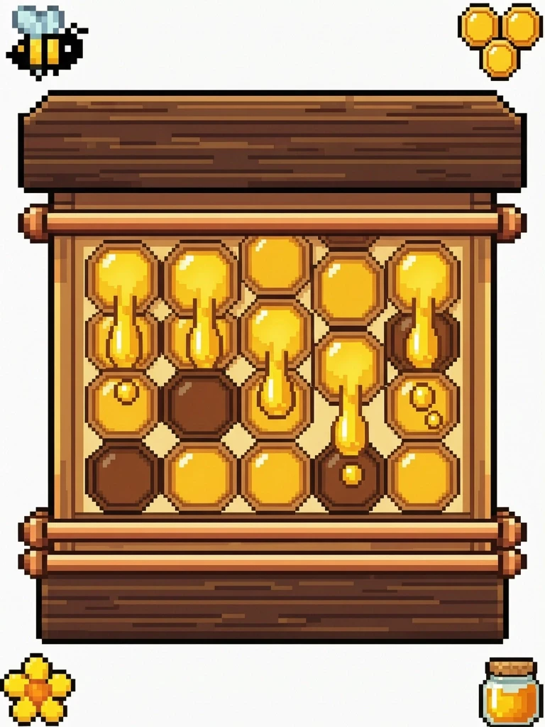 Pixel art beehive,front view, inspired by Stardew Valley and Minecraft aesthetics, cute and chunky stylized design, vibrant golden honey dripping from hexagonal openings, ,,…