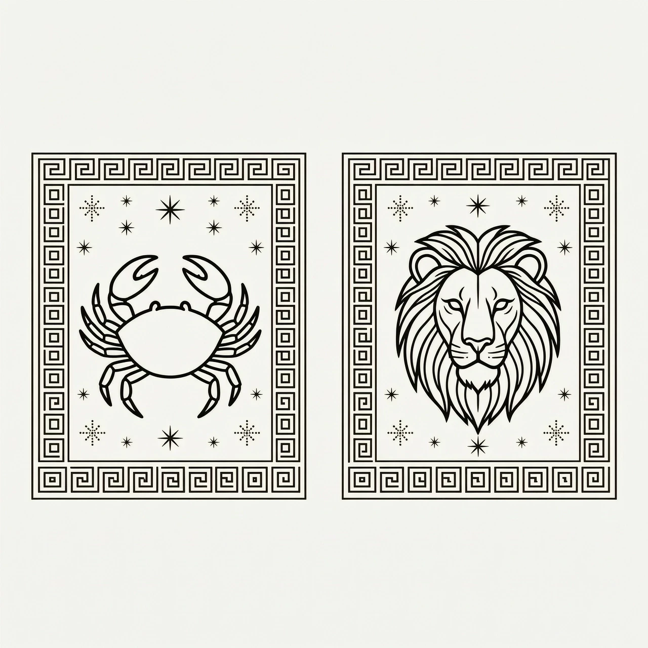 Pair of matching minimalist tattoo designs, ancient Greek style, each design framed by a Greek meander pattern border, inside left frame: minimalist line art crab (Cancer…