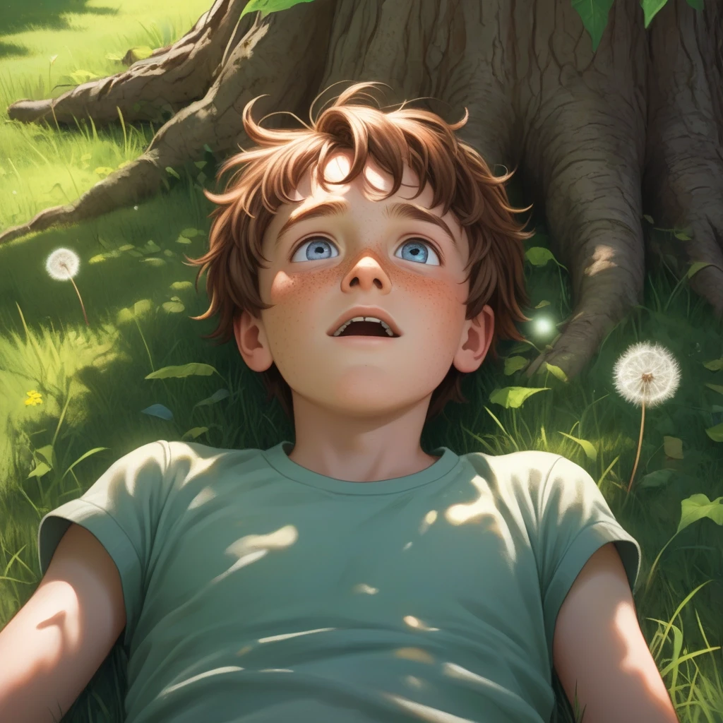 A cinematic illustration from Ray Bradbury's "Dandelion Wine": a 12-year-old boy with short brown hair, freckles and wide excited eyes lying on lush green summer…