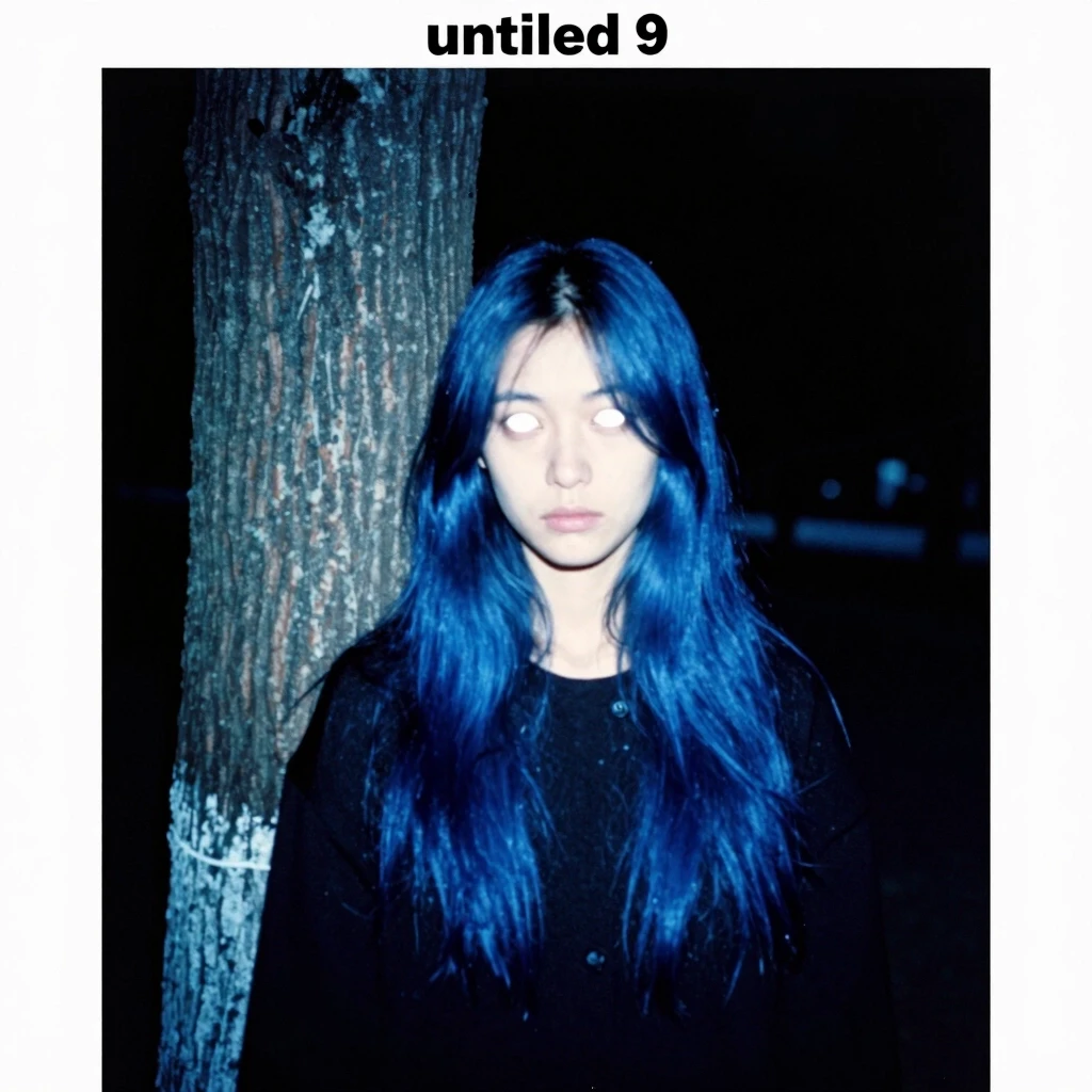arafed image of a woman standing next to a tree in the dark blue color grading, loosely cropped, , photoscanned, blue long hair, test subject, somber white eyes, 'untitled 9…
