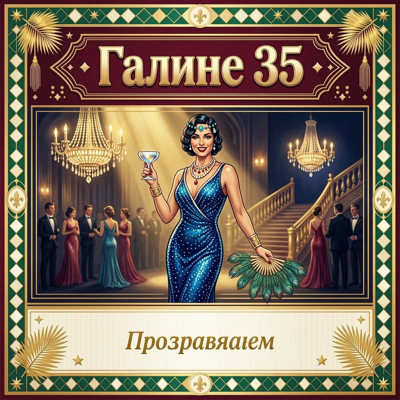 красочная картинка в стиле гетсби на фон и сверху надпись галине 35 и убери нижние надписи добавь поздравляем убери надпись нижнюю и оставь место и картинку ту же — работа…