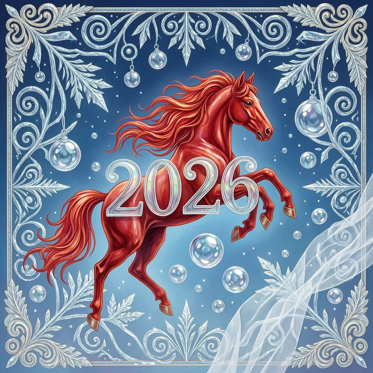 In the double exposure style. An ephemeral mythical creature in the form of a beautiful scarlet fiery horse with a long wavy mane collects the word "2026" from glass…